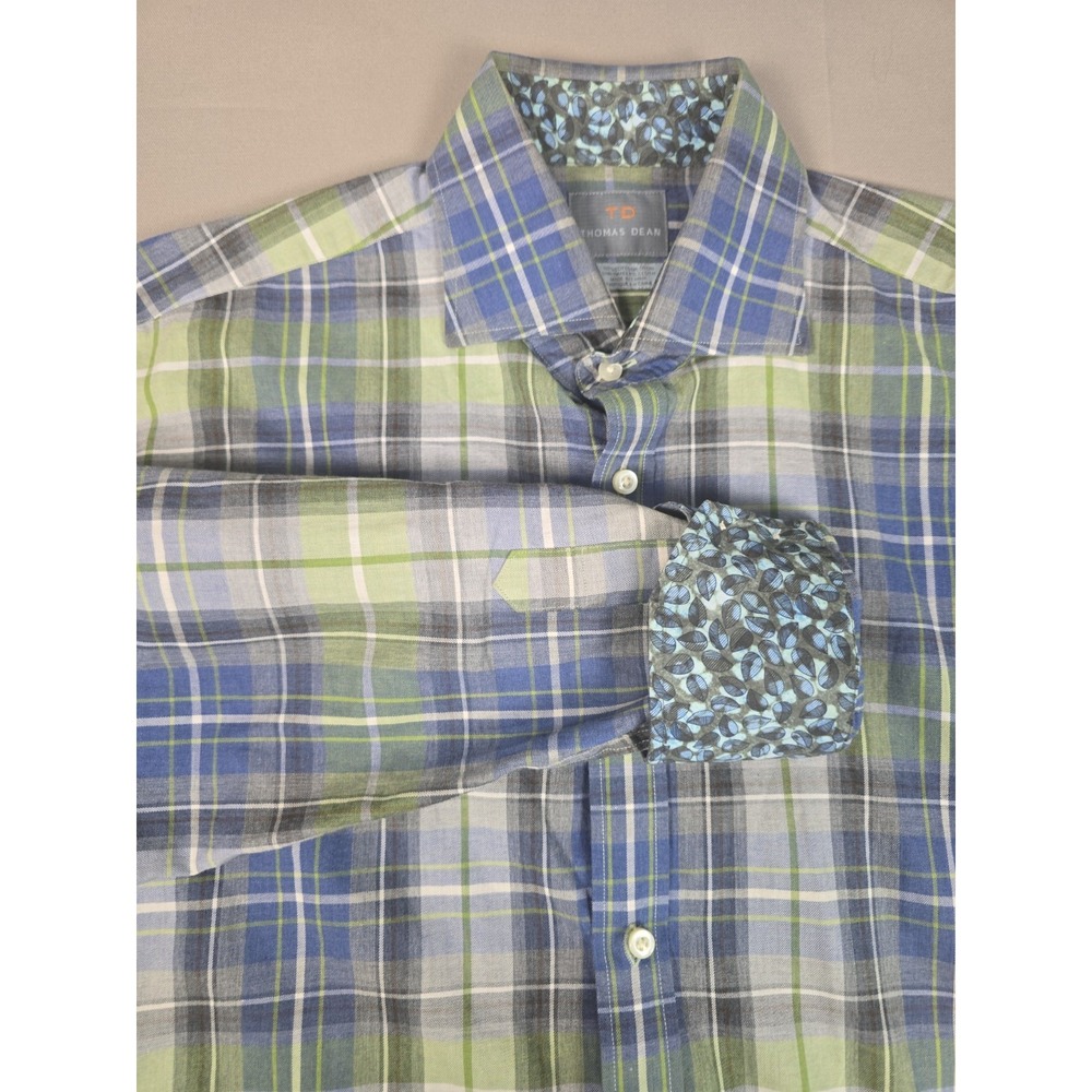 Thomas Dean Shirt Mens Large Green Blue Plaid Floral Contrast Flip Cuff LS